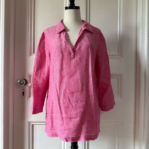 Tahari Women’s 100% Linen Henley 3/4 Sleeve Pink Tunic w/ Side Vents Medium